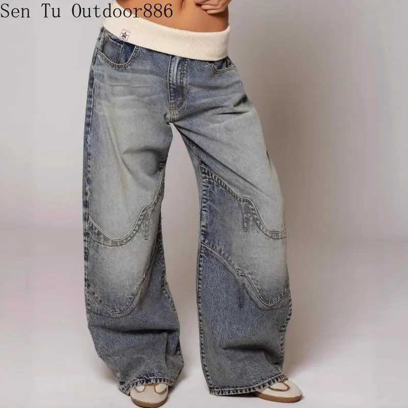 REVICE Women's Jeans Pants Fashion Loose Fit Casual Low Rise Denim Pants Y2K Retro Streetwear Vintage American Wide Leg Trousers