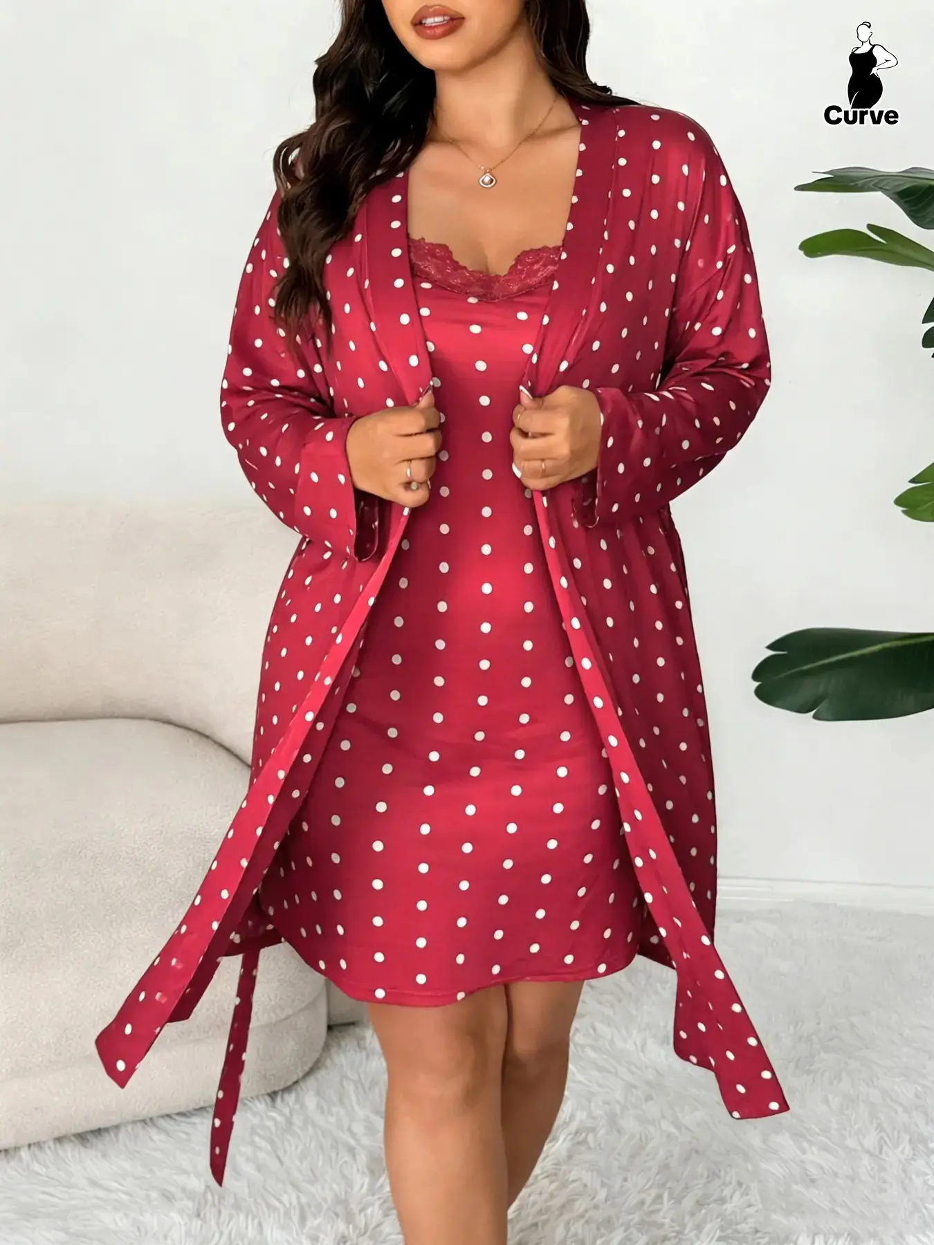 Plus Size Women's Nightwear Set, Floral Print Lace Nightdress + Long Robe, Comfortable Soft Home Sleepwear, Casual Fitted Style