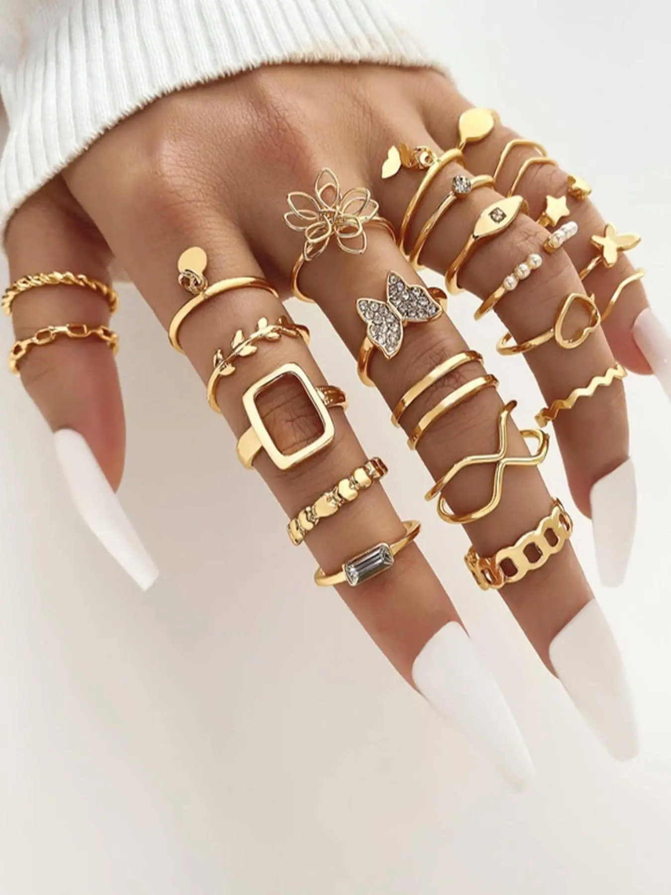 Women's Elegant Fashion Rhinestone Decorated Hollow Out Butterfly Flower Star Geometric Design Ring, Casual Elegant All-match Jewelry for Girls Gift,