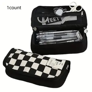 Large Capacity Pencil Box, Chessboard Design Canvas Multi-Functional Pencil Bag, Office Stationery Supplies, Back-To-School Gift, Holiday Gift Idea