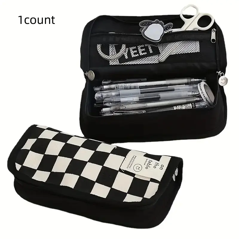 Large Capacity Pencil Box, Chessboard Design Canvas Multi-Functional Pencil Bag, Office Stationery Supplies, Desk Supplies, Back-To-School Gift, Holiday Gift Idea