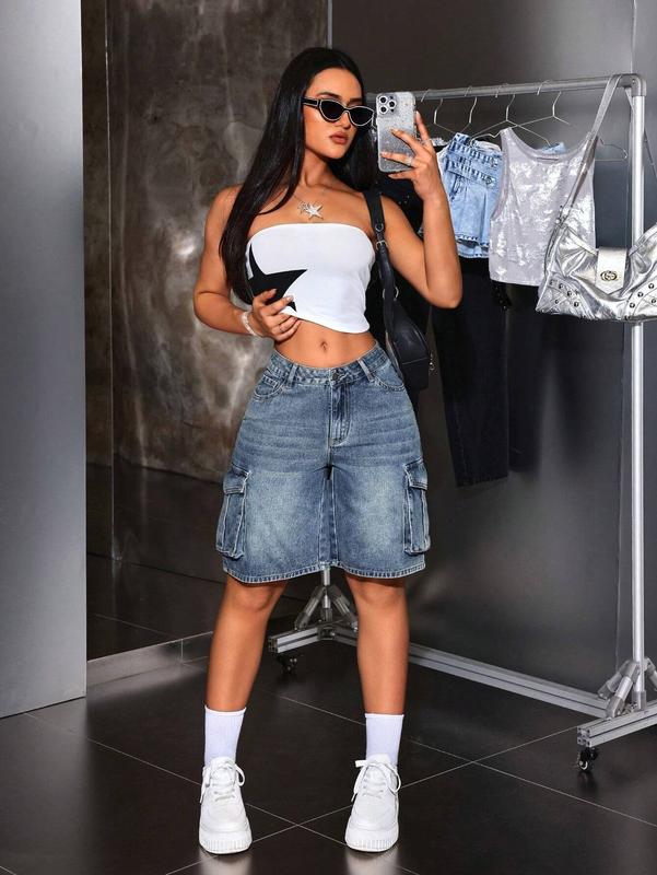 Y2K Denim Jorts Women Low-Waisted Wide-Leg Cargo Bermuda Shorts with Functional Pockets Vintage Washed Denim for Summer Streetwear Fashion
