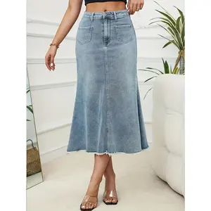 Chic high-waist denim midi skirt with frayed hem-slimming mermaid tail design, stretch cotton blend, perfect for spring/summer/fall