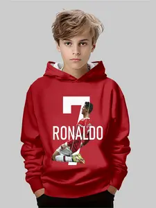 Boys' 3D Printed Hoodie with Ronaldo Design, Graphic Casual Hoodie, Durable Lightweight Hooded Sweatshirt, Outdoor School Casual Wear, Elastic Fabric