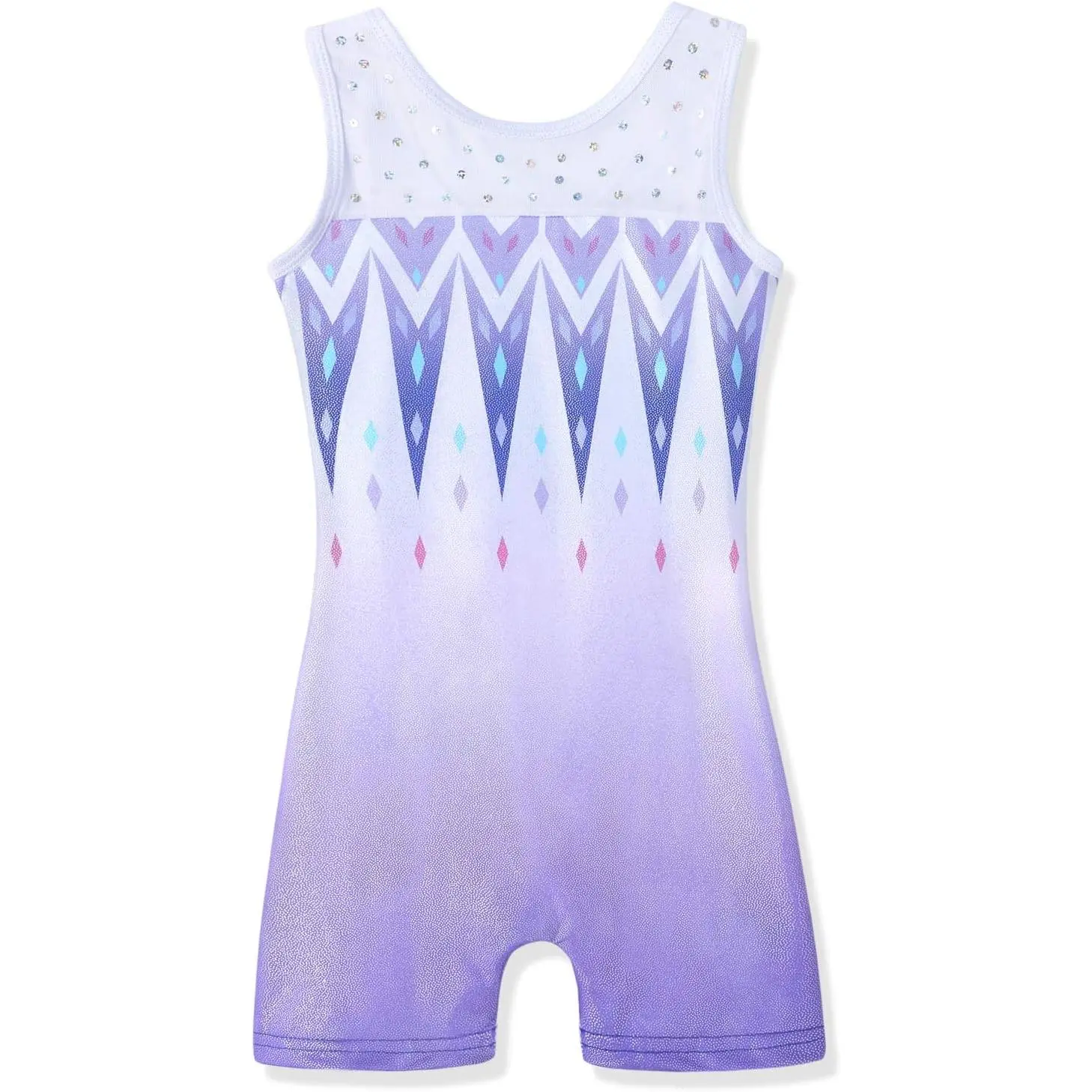 Girls' Sparkling Snowflake Biketard, Spliced Polyester Gymnastics Outfit for Dancewear and Training, Polyester Clothes, Above-Knee