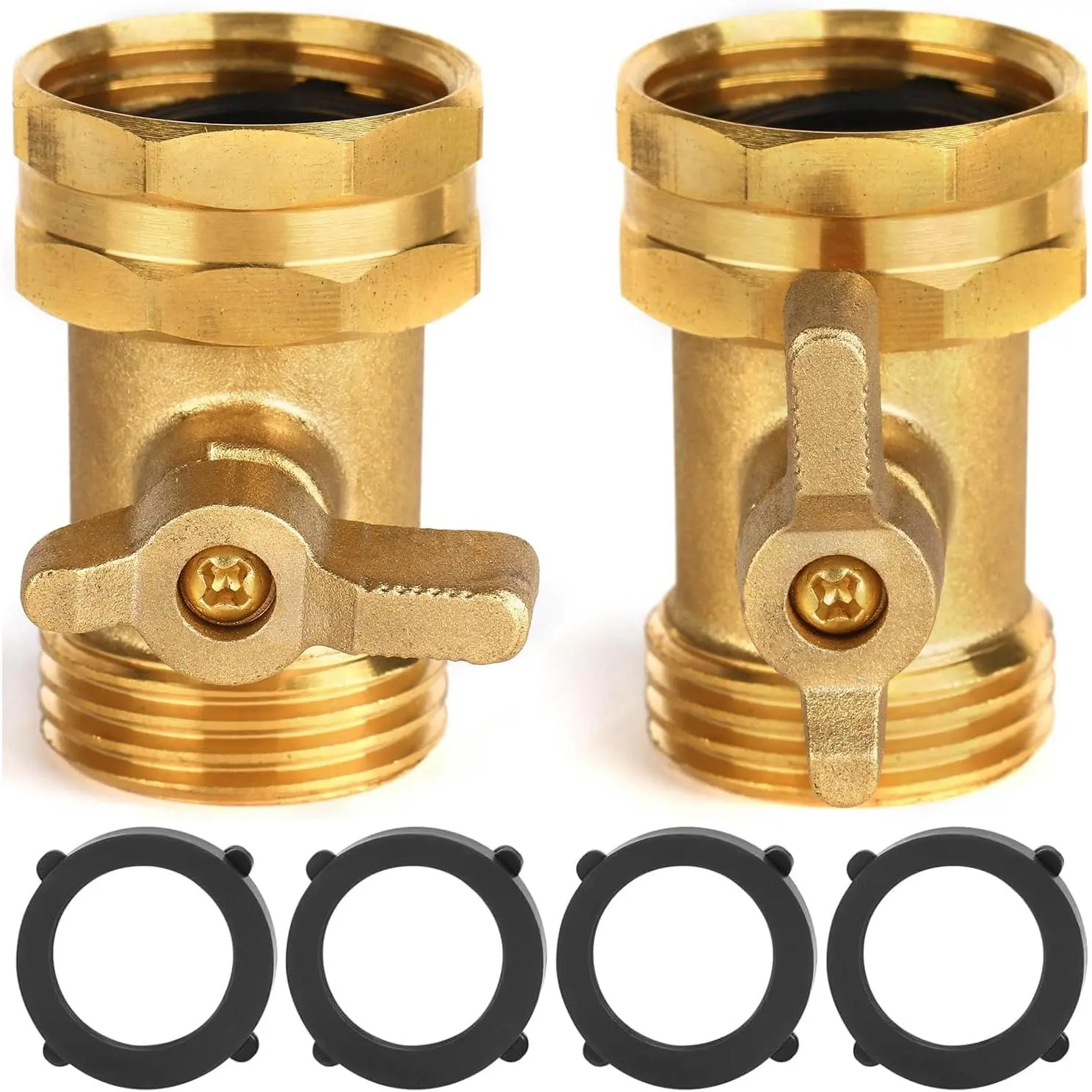2-Pack Durable Garden Hose Shut Off Valves with Extended Handles, 3/4" Heavy-Duty Solid Brass Connectors, 4 Washers for DIY Outdoor Garden Watering, Leak Prevention, Tight Connections