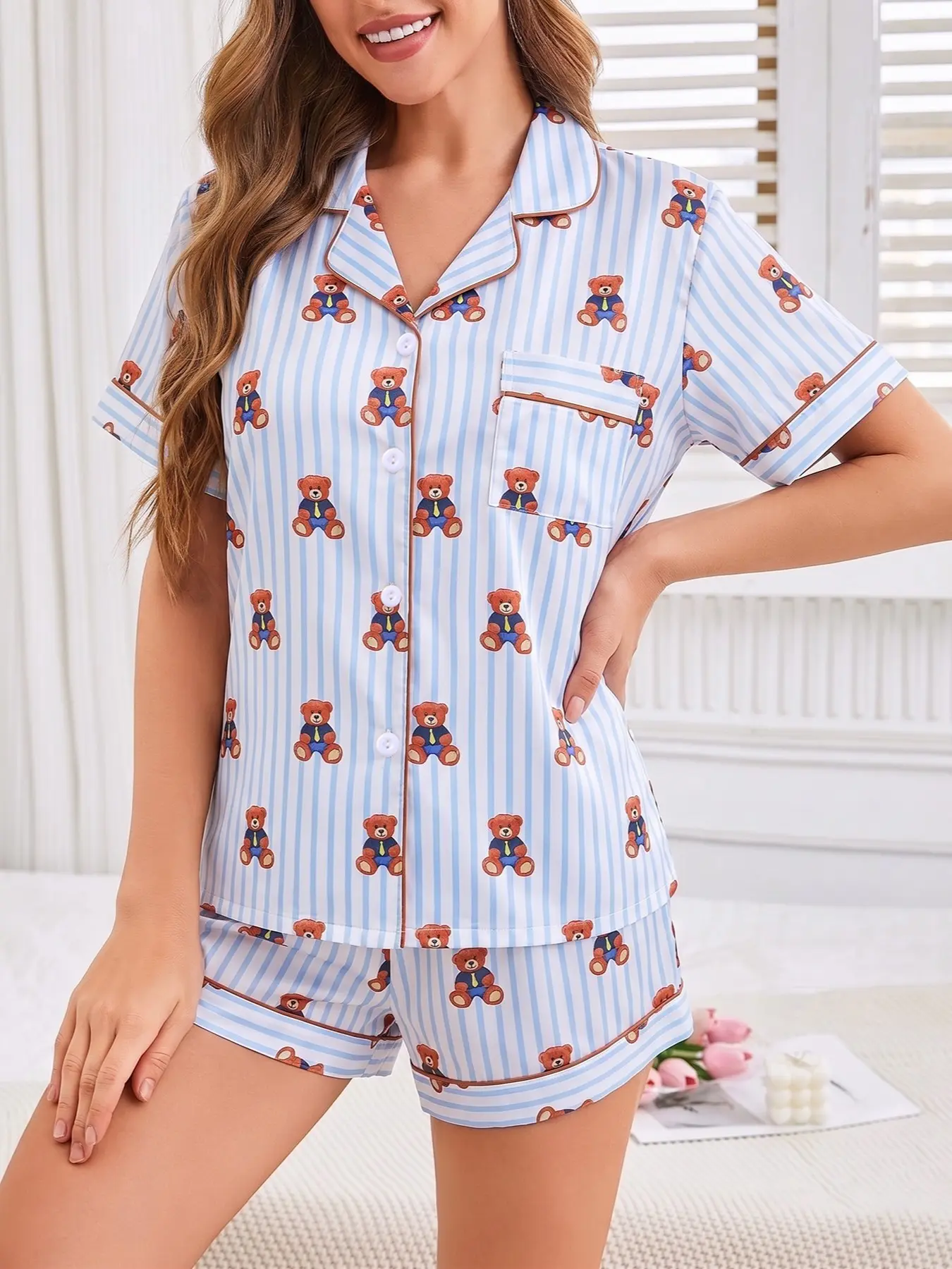 Women's 2-Piece Blue & White Striped Teddy Bear Print Pajama Set, Fresh Preppy Womenswear Loungewear with Brown Piping, Short Sleeve Lapel Top with Small Pocket & Elastic Waist Shorts, Soft Comfy All-Season Casual Sleepwear Pjs Pajama Gift
