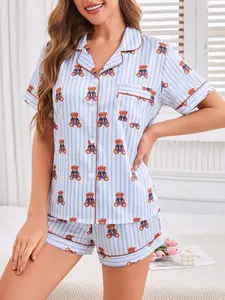 Women's 2-Piece Blue & White Striped Teddy Bear Print Pajama Set, Fresh Preppy Loungewear with Brown Piping, Short Sleeve Lapel Top with Small Pocket & Elastic Waist Shorts, Soft Comfy All-Season Casual Sleepwear