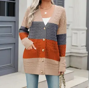 Women's 2025 Long Sleeve Thick Thread Knitted Autumn Contrast Color Cardigan Sweater Button Open Jacket with Pockets Vneck Casual Tops Knitwear Fitted Womenswear