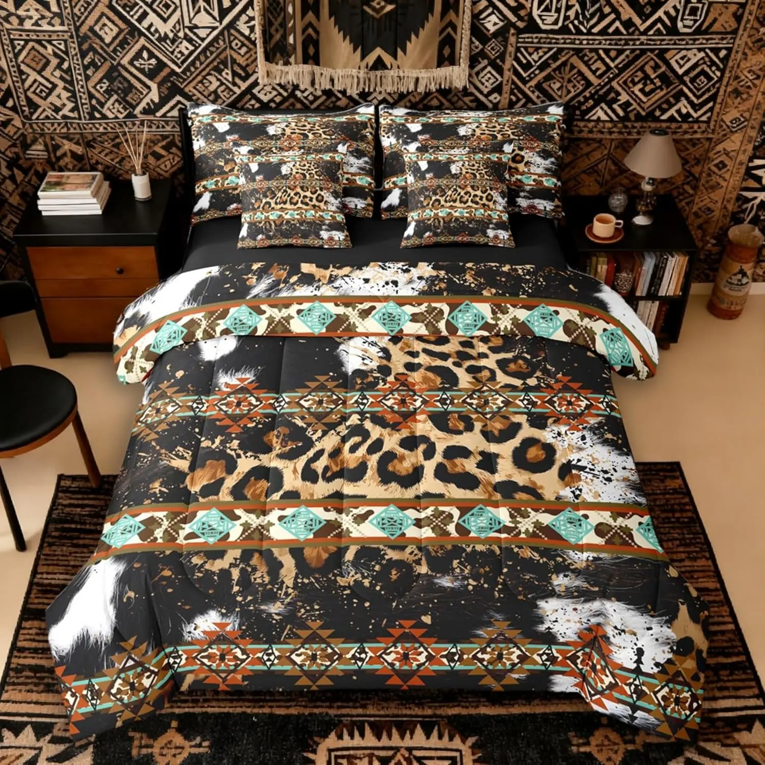 Cheetah Print Western Comforter Set 7-Piece Bed in a Bag | Exotic Aztec Bedding Sets Black and White Cowhide Cow Print Comforter and Sheet Set,Farm Animals Bull Skin Cowboys Gifts for Women