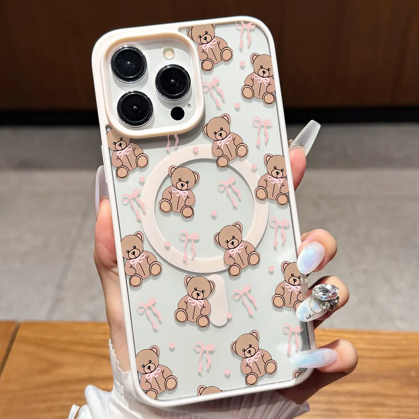 Cute Little Bear Bow Crystal Magnetic Phone Case - Soft Full-Wrapped Polycarbonate Anti-Drop Lightweight Shockproof Protection Cover for iPhone 13-17 Pro Max, Samsung Galaxy Series, Ins-Style Cartoon Girly Wireless Accessory, Accessories, Automatic, Non-S