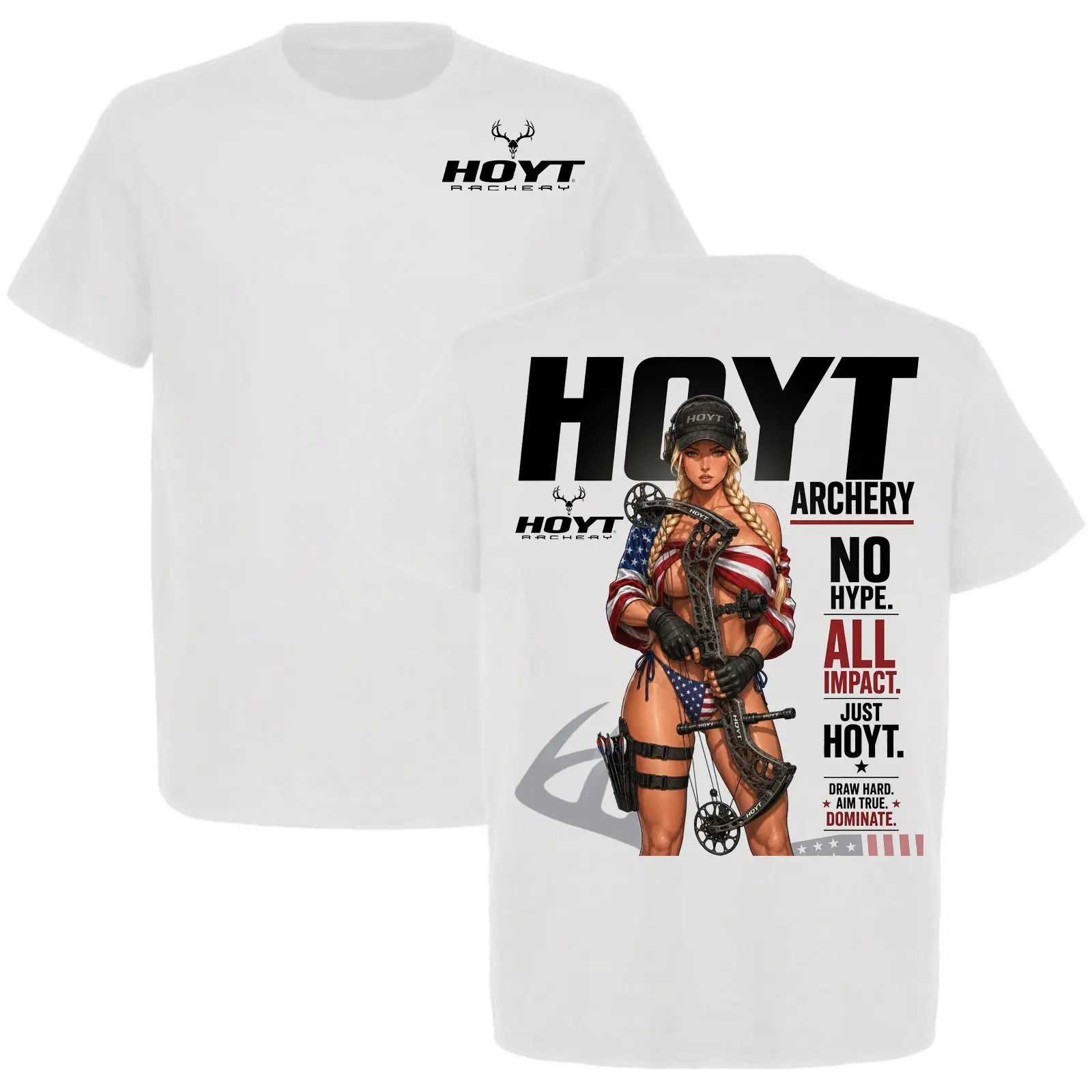 Hoyt Archery Men’s Patriotic Graphic T-Shirt - No Hype All Impact, Compound Bow Hunter American Flag Tee, Casual Round Neck Short Sleeve Menswear Top, Multi-Size