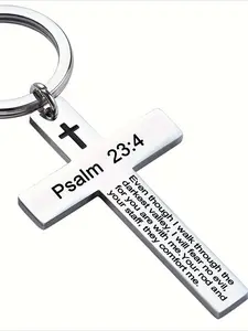Letter Pattern Cross Design Keychain, Stainless Steel Keychain for Bag & Backpack, Religious Sacred Text Verse Charm for Birthday Party Gift