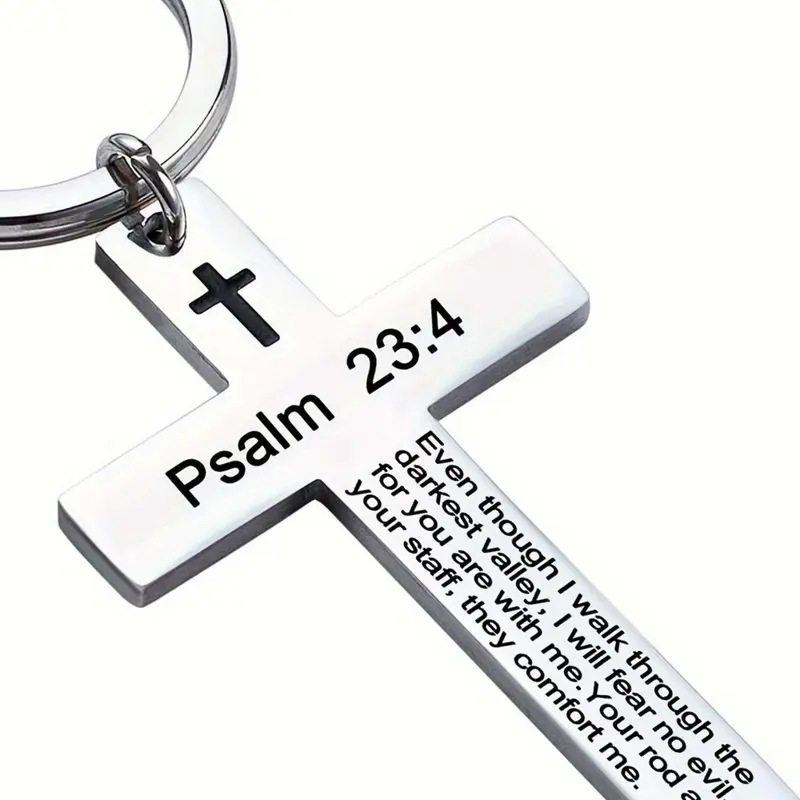 Letter Pattern Cross Design Keychain, Keyrings, Stainless Steel Keychain for Bag & Backpack, Religious Bible Sacred Text Verse Charm for Birthday Party Gift