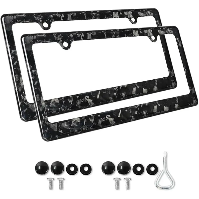 Real Forged Carbon Fiber License Plate Frame - 2-Hole US Car Tag Holder Cover with Screw Caps, Automotive Car Exterior Accessory, License Plate Protector