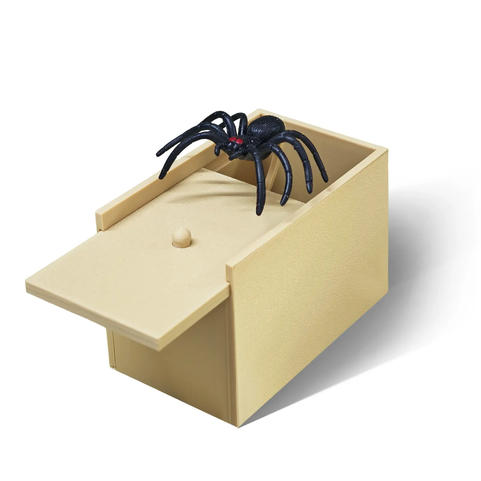 Novelty Spider Gag Toy with Handmade Box - 3-inch Lifelike Plastic Spider, Fur-Textured Legs, Glossy Eyes, 3-inch Leap Mechanism, Unisex Pranks for Indoor Shock Jump Scare Game Nights
