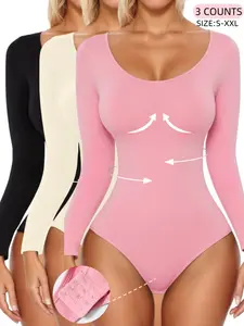 Women's Ribbed Abdomen Control Bodysuit, Long Sleeve Seamless T Shirt,Comfortable Scoop Neck Body Suit Stretchy Basic Tops, Fit Soft Elastic Fabric, Perfect For Daily Wear and  Going Out,Shapewear For All Seasons