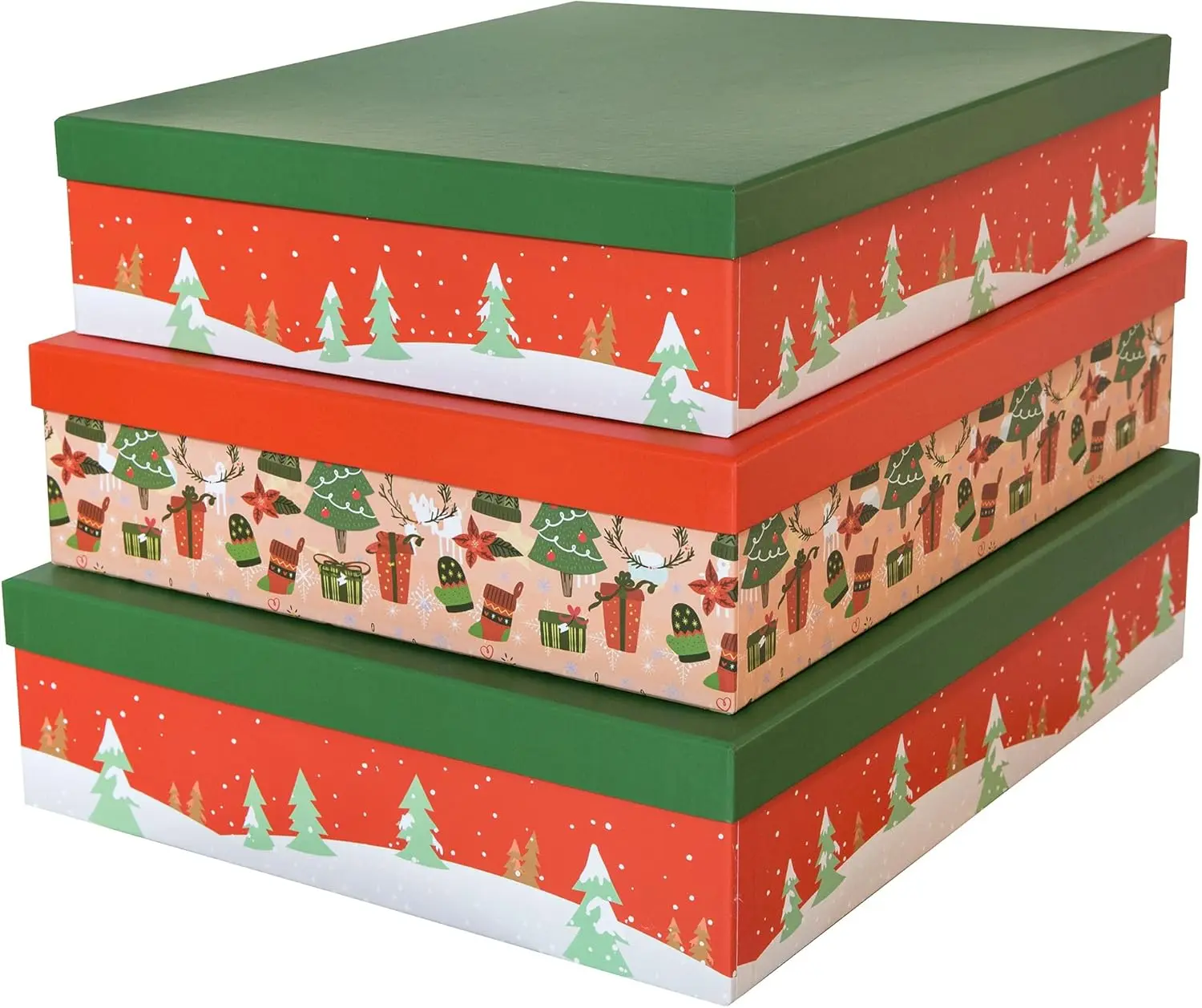 Christmas Decorative Cardboard Storage Boxes, Set of 3 Nesting Festive Paperboard  Boxes with  for Presents, Seasonal Storage, Holiday Decor (Red and Green)