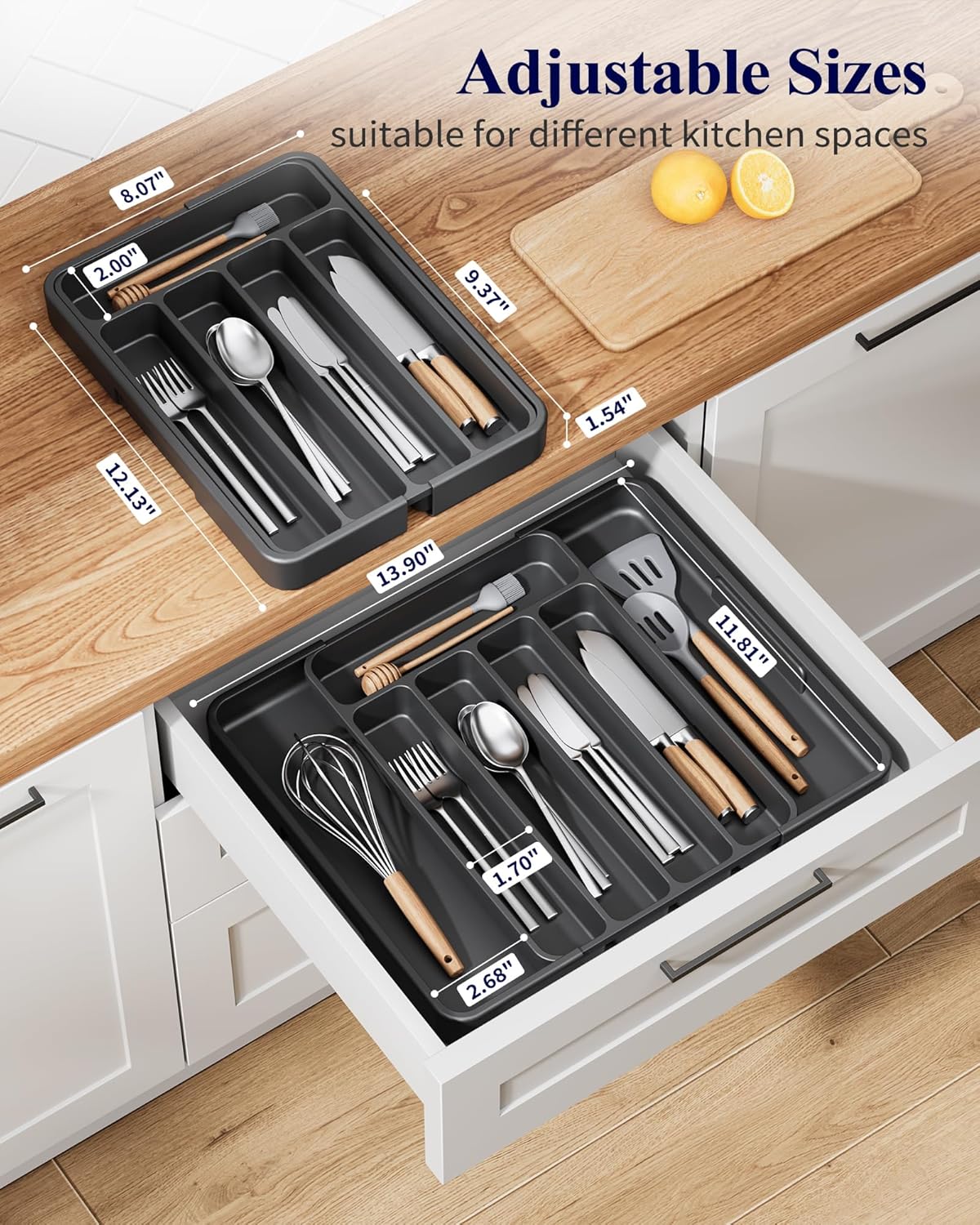 Super Deal Silverware Organizer Expandable Kitchen Utensil Drawer Organizer with 8 Compartment Large Cutlery Organizer Tray for Forks Knives, BPA Free Flatware and Cutlery Holder