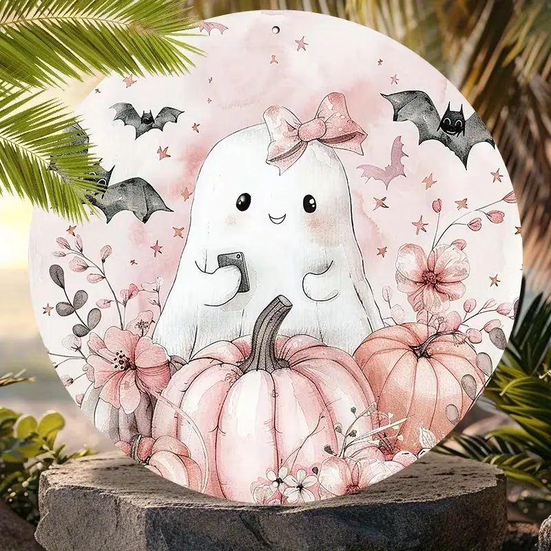 Pastel Coquette Pink Halloween Round Metal Tin Sign Cute Ghost With Pink Bow Pink Pumpkins Floral Bat Star Watercolor Wall Plaque Retro Circular Metal Wall Art Indoor Outdoor Farmhouse Porch Bedroom Fall Autumn Decor Gift For Girls Women Halloween Lover
