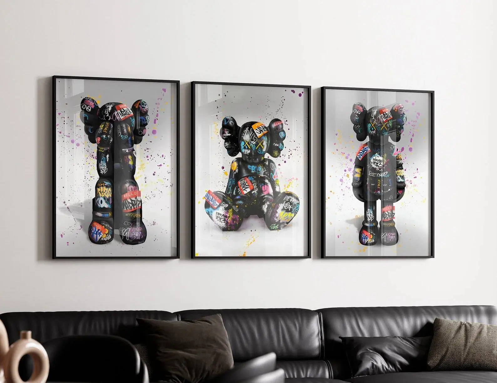 Kaws posters, set of 3, graffiti prints, street art, grey home décor, wall art, male room décor, Hypebeast, bear pictures