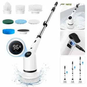 Upgraded Cordless Electric Spin Scrubber, smart LED display, 8 cleaning heads, 3 speeds 360/400/450 RPM, telescopic handle 12/37.7/48in, 1300mAh battery,90-min runtime, Type-C fast charge. Ideal for bathroom, kitchen, tile, floor, pool & sofa cleaning