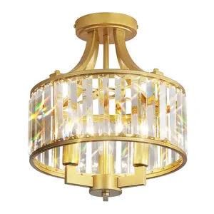 Gold Crystal Chandelier, 3 Light Modern Dining Room Lighting Fixture, Semi Flush Mount Ceiling Chandelier, Clear Crystal and Gold Frame, D12XW12XH14, E12 Socket, Bedroom, Hallway, Living Room