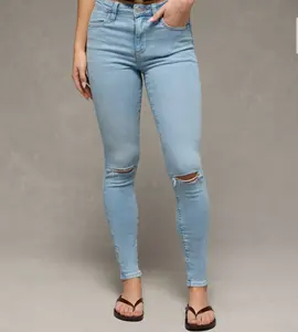 Lady's High-Waisted Ripped Skinny Cotton Jegging - Basic Womenswear Denim Bottoms Suitable for Pajama Wear