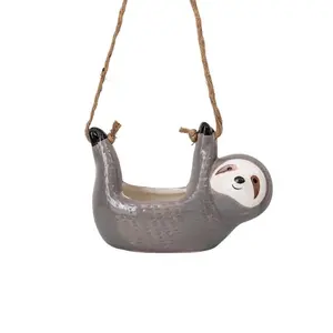 Cute Cartoon Sloth Ceramic Hanging Planter for Indoor Succulents, Large Diameter Design with Swing Rope for Charming Decoration