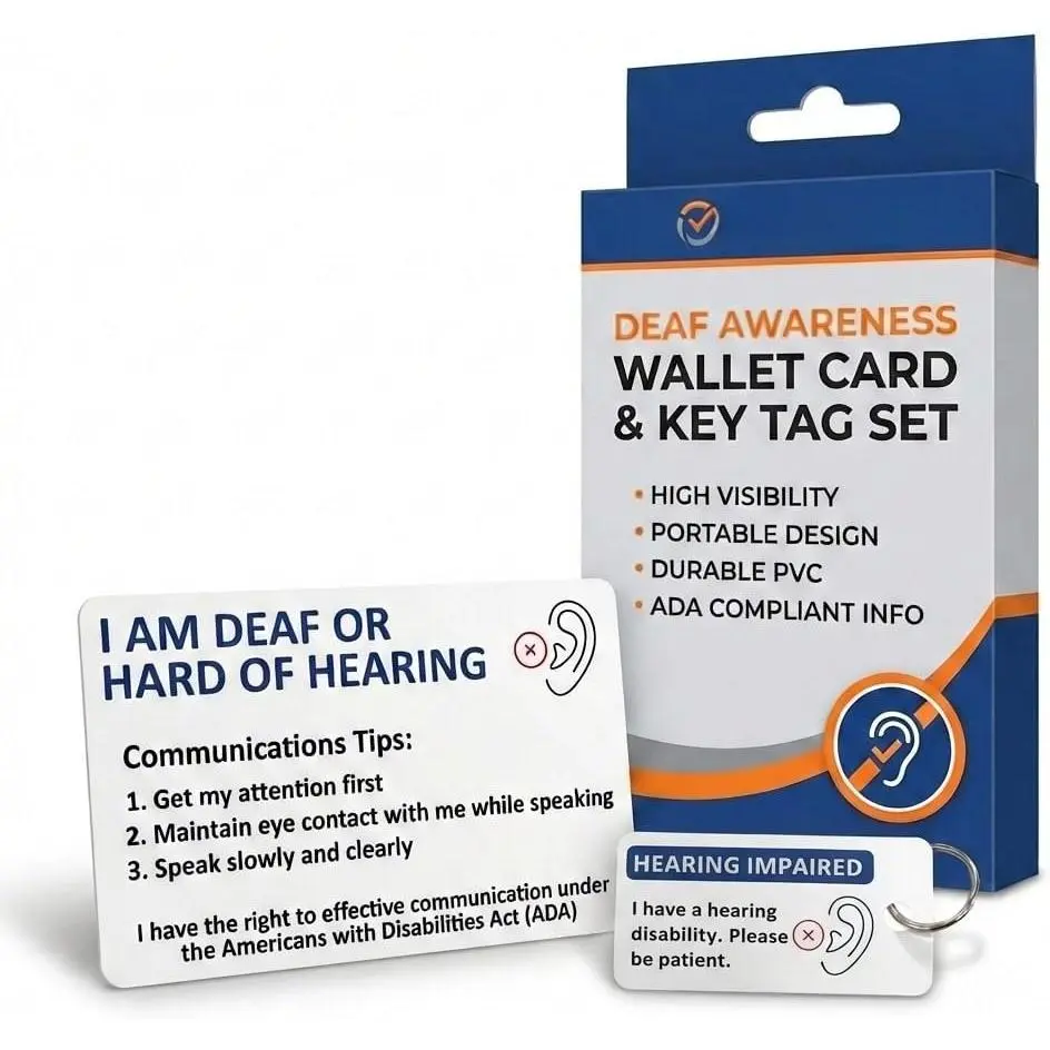 Hard of Hearing Deaf Awareness Hearing Impairment Wallet Card and Key Tag Set | Bold PVC Card with Communication Tips and Legal Rights | Discreet Yet Noticeable Visual Aid for Seniors and Adults