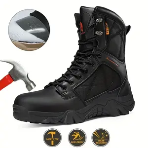 Men's High-Top Work Boots with Steel Toe Protection - Breathable PU and Mesh Construction, Zipper and Lace-Up Closure, TPR Non-Slip Sole - All-Season Durable Men's Casual Outdoor Shoe (Large and Tall Sizes) Black