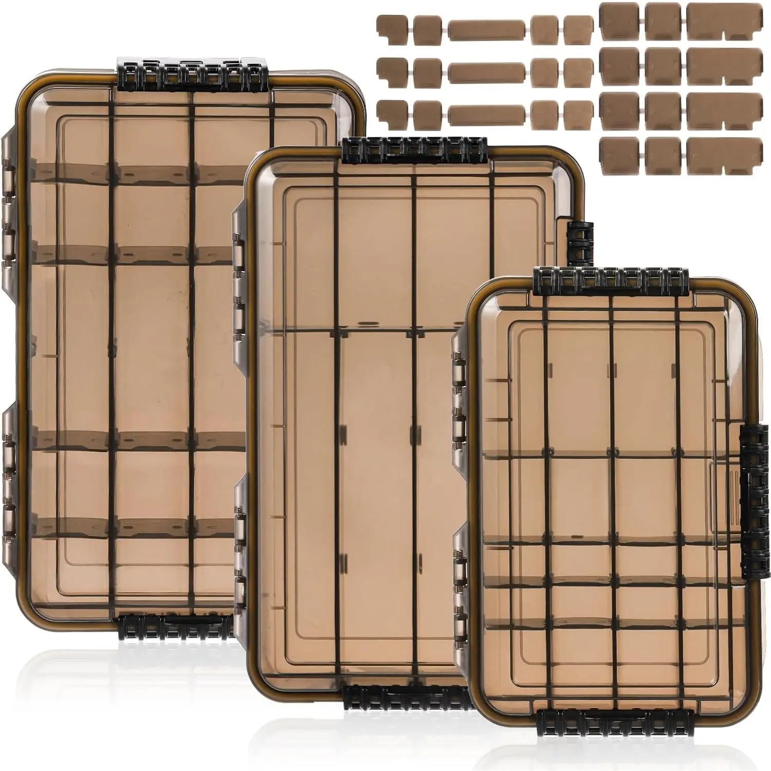 3 Pack Fishing Tackle Boxes, 3600 3700 Tray Storage Box, Waterproof Plastic Container with Adjustable Divider, Tea-Colored Floating Snackle Lure Organizer for Saltwater Freshwater(3 Size)