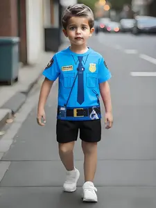Boys' 3D Cartoon Police Uniform Print Short Sleeve T-Shirt and Casual Pocket Shorts Set, School Party Outdoor Sports, Holiday Gift