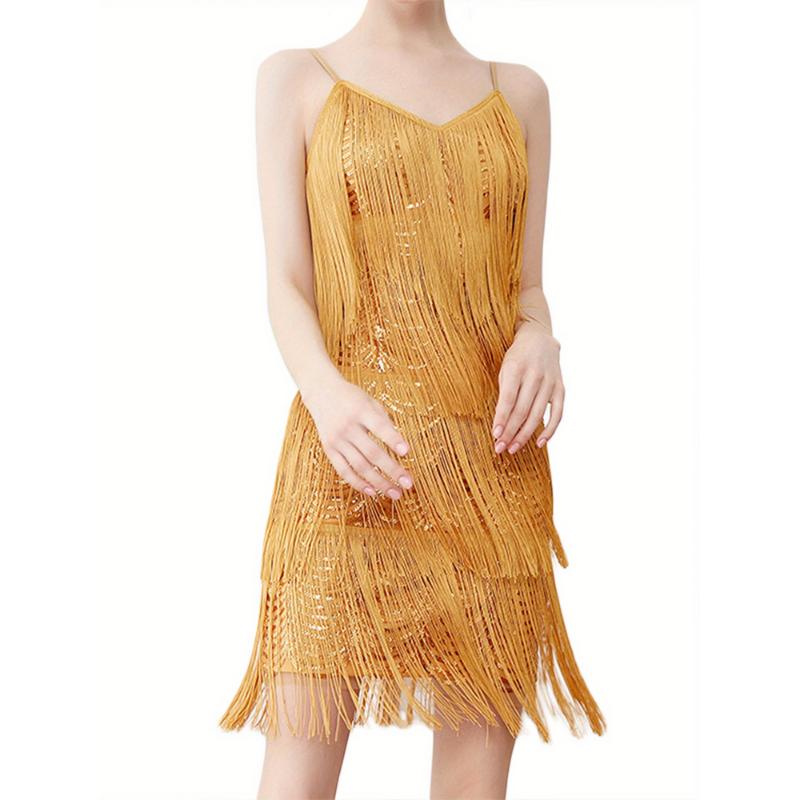 Women Sling Dress, Sleeveless Off Shoulder V Neck Tassels Casual Party Summer Dress Fabric Fit Womenswear Spandex Black Formal