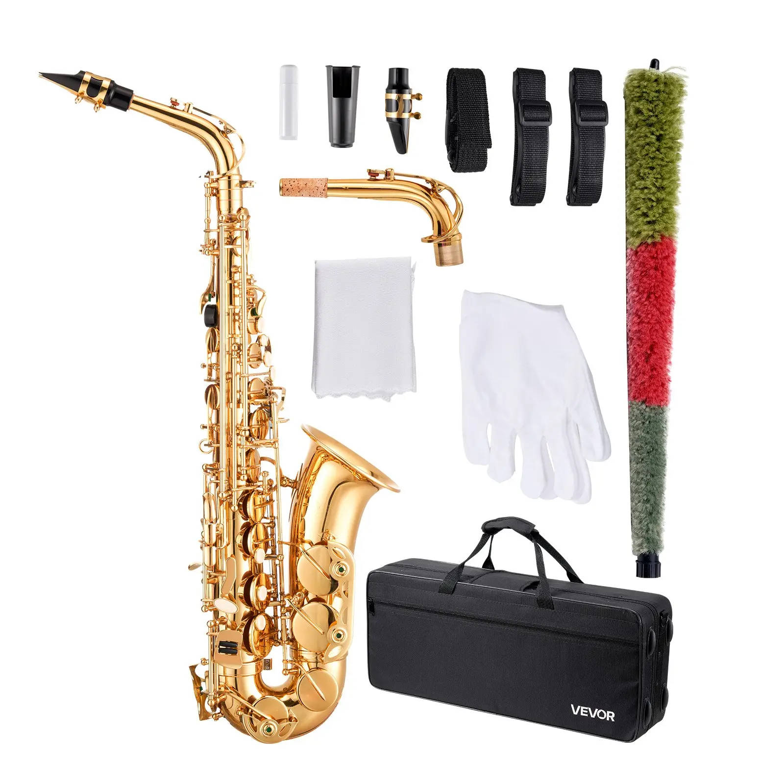 VEVOR E-Flat Brass Alto Saxophone Beginner Kit, 23-Keys Saxophones with Carrying Case, Mouthpiece, Straps, Cleaning Cloth Rod, Gloves, Grease, Neck Strap, for Beginners Students, Gold