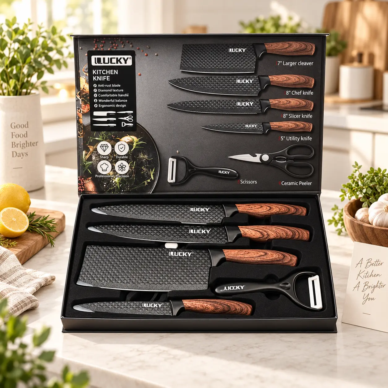 6-Piece Kitchen Knife Set—a rust-resistant, professional-grade culinary set featuring forged stainless steel blades and ergonomic faux-wood grain handles. Includes a sharp chef's knife; ideal for home kitchens, food preparation, and daily use.