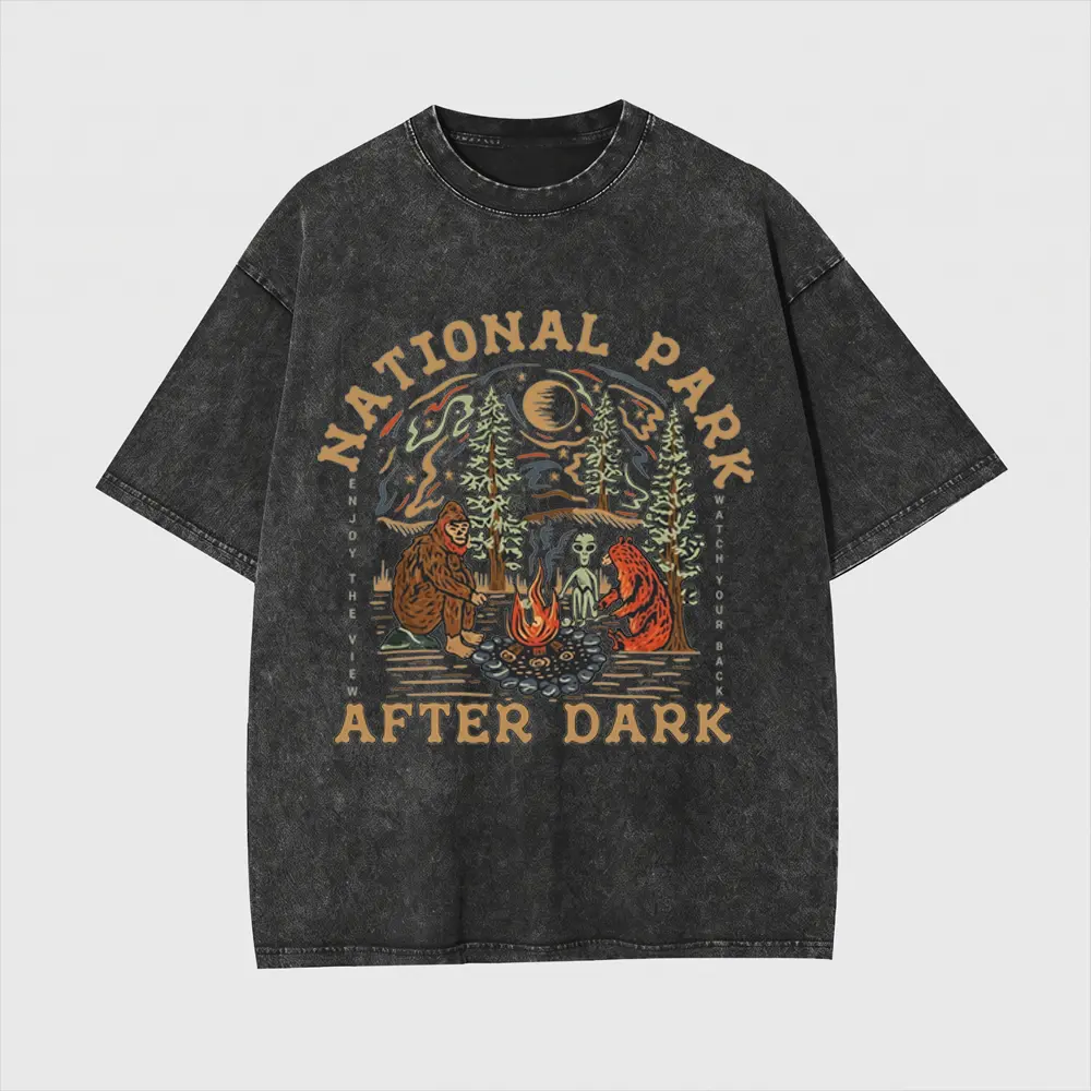 Funny National Park After Dark Womens Shirt,National Parks After Dark Vintage Washed T Shirt,Retro Camping Bear Graphic Tee with Forest Campfire Artwork,Oversized Short Sleeve Cotton Shirt,Streetwear for Hikers,Campers,Adventure Lovers & Nature Explorers