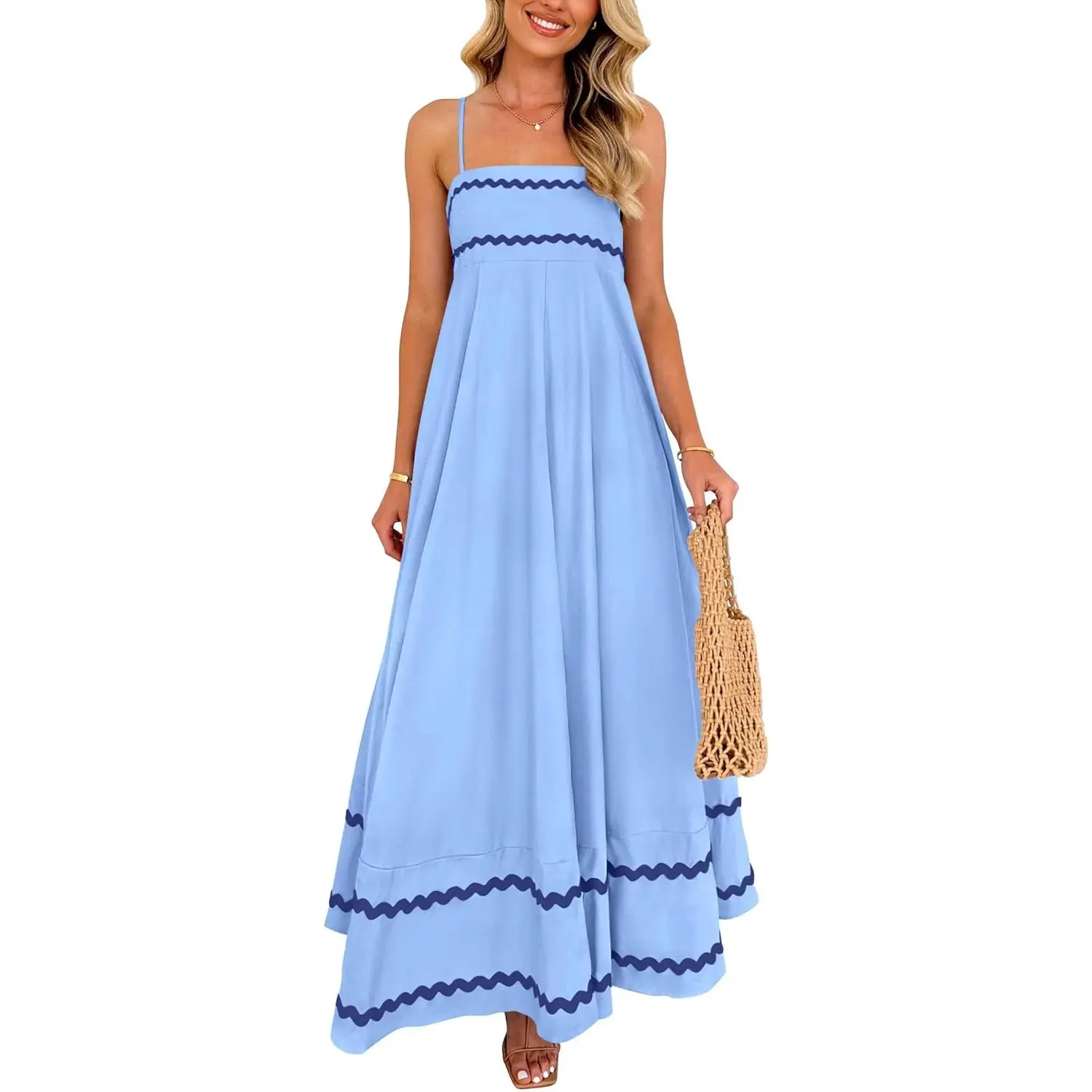 PRETTYGARDEN Women's Summer Spaghetti Strap Boho Maxi Dress | Sleeveless Flowy Sundress, Square Neck, High Waist, Ruffle Swing A Line Long Dresses Pockets, Party, Beach Vacation Clothes