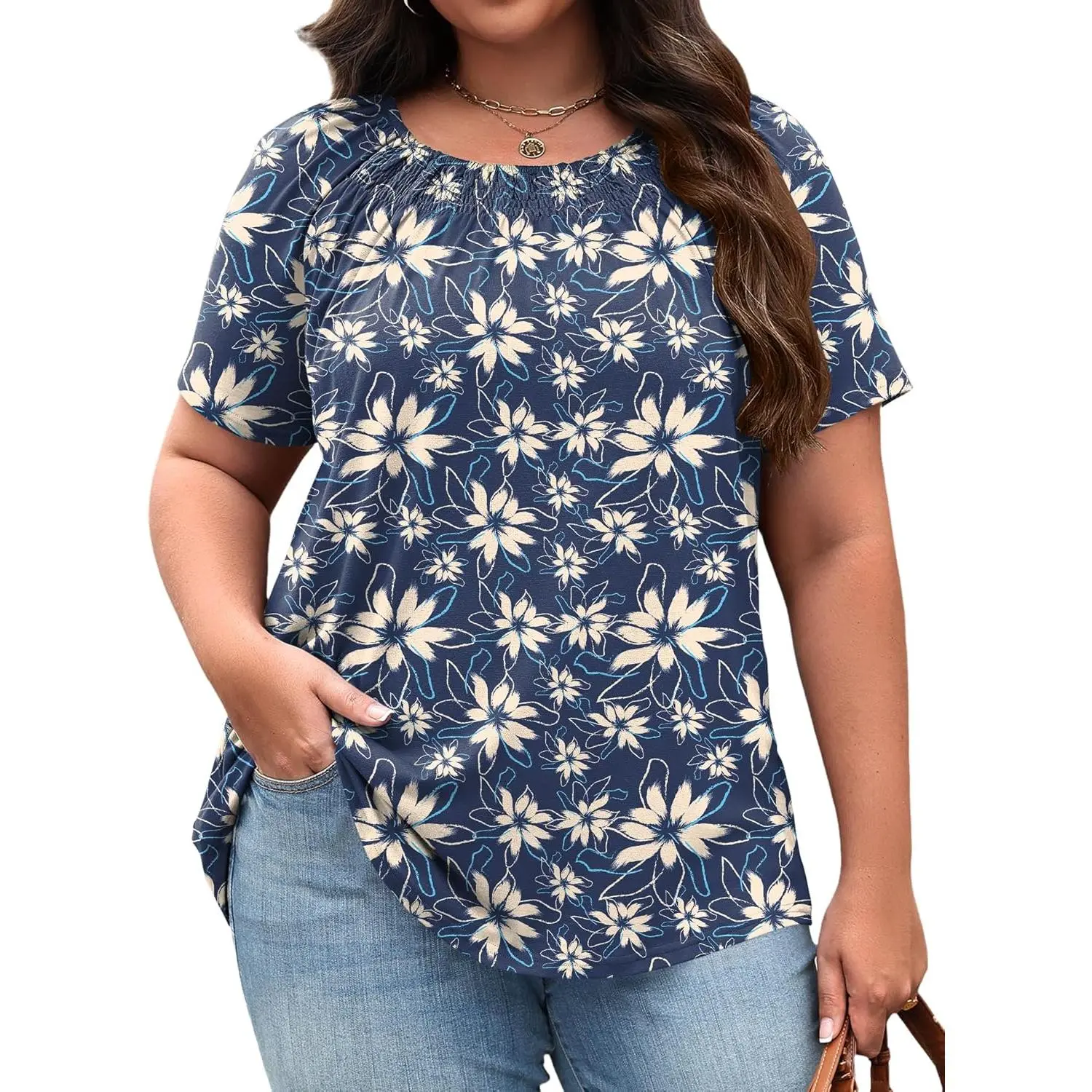 Plus Size Tops for Women Floral Print Flowy Tunic Blouse -  Crewneck Short Sleeve Pleated Loose Fit Casual Shirt (1X-5X)