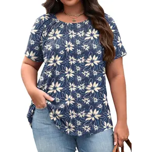 Womens Plus Size Tops Short Sleeve Shirts Crewneck Pleated Blouses Dressy Casual Fashion Tunic Top (1X-5X)