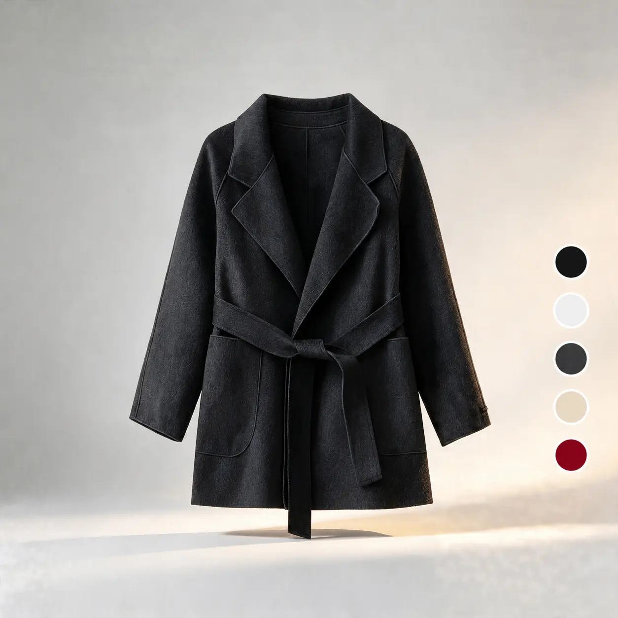 Women's Short Belted Wrap Coat, Open Front Lapel Jacket with Adjustable Tie Waist, Relaxed Fit Outerwear with Pockets, Short coat