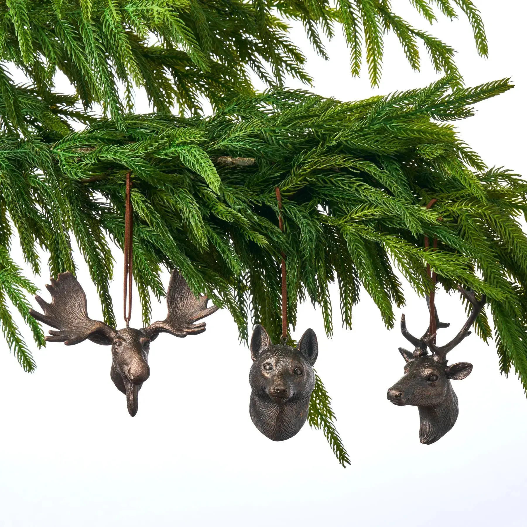 Antique Copper Animal Head Hanging Ornaments Set - Assorted Reindeer, Moose, Wolf Christmas Decor with Suede Hanging Loops, Home & Holiday Festive Supplies