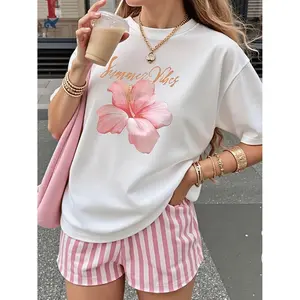New Comfortable Practical Women's Round Neck Short Sleeve TShirt with Pink Flower Print Perfect for Spring and Summer