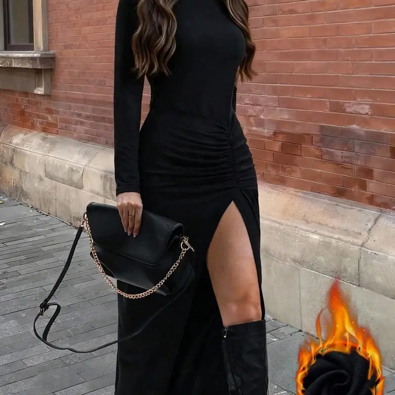 Women's Ruched High Neck Long Dress, High Slit A-Line Skirt, Spring & Fall Casual Elegant Design, Perfect for Parties and Work