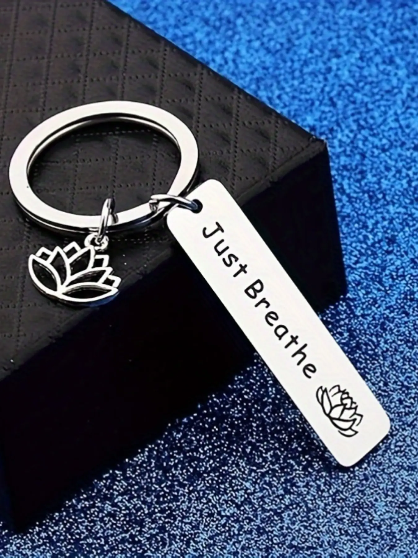 Just Breathe Yoga Lotus Charm Keychain - Stainless Steel - Men's Key Rings - Gift for Yoga Enthusiasts