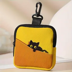 Yellow Background Black Cat Print Coin Purse Faux Leather Waterproof Zipper Pouch Cute Colorful Pattern Mini Storage Bag Lightweight Portable Headphone Case for Earbuds Coins Cards Soft Durable Fashion Accessory