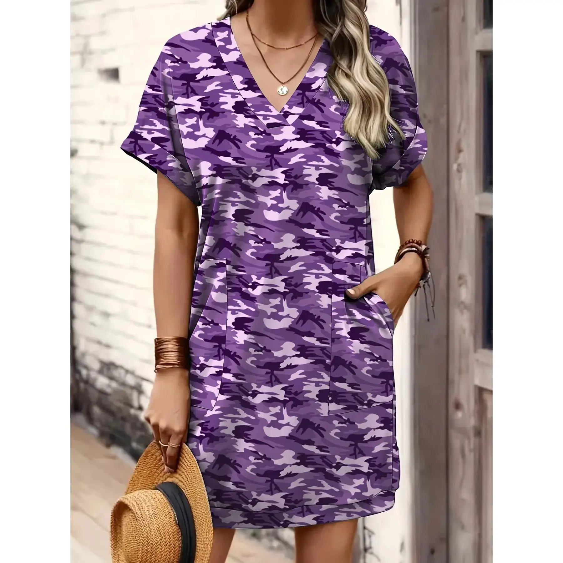 Women's Plus Size Camouflage Print Dress, Womenswear, Straight Tube Loose Fit Casual Style, Perfect for Daily and Everyday Wear, Comfortable and Stylish