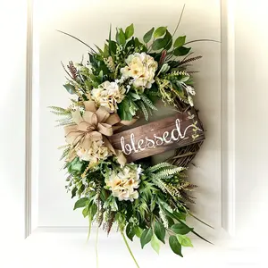 Rustic Farmhouse Style Door Ring, Rustic Hydrangea Greenery Wreath with Jute Bow, All-Season Porch Decoration, Summer Welcome Wreath