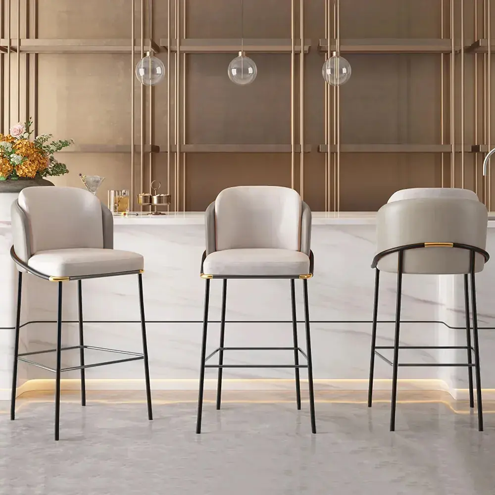 Homary 1-Piece Modern Light Gray Easy-Clean Durable PU Leather-Upholstered Armless Kitchen Bar Stool - Stable Metal Legs, Footrest, Supportive Full Back, Foam-Filled Square Seat, Assembly Required, for Daily Dining Use (Barstools Category)