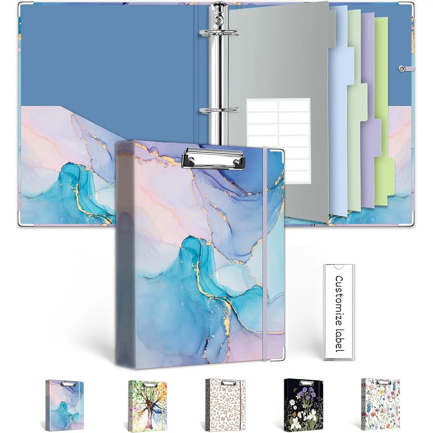 A5 Binder 3 Ring 1 Inch for 5.5"x8.5" Paper, Mini Three Ring Binders with Clipboard,5-Tab Dividers,Interior Pocket,  ID Label Holder,  Small Binder with Pen Holder,Blue Marble